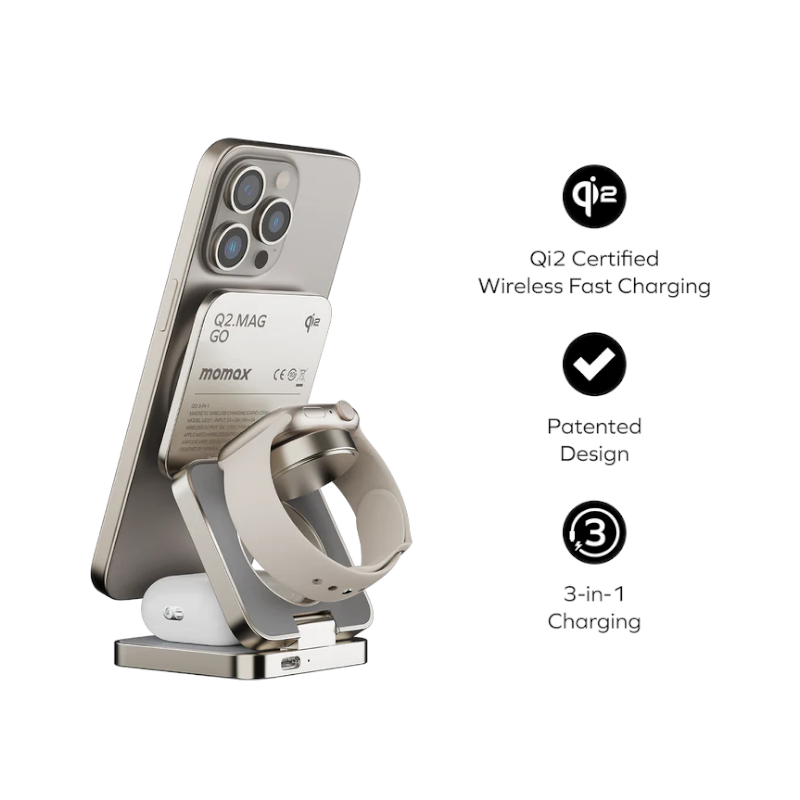 MOMAX  Q2.Mag 3-in-1 Foldable Qi2 15W Magnetic Wireless Charging Stand