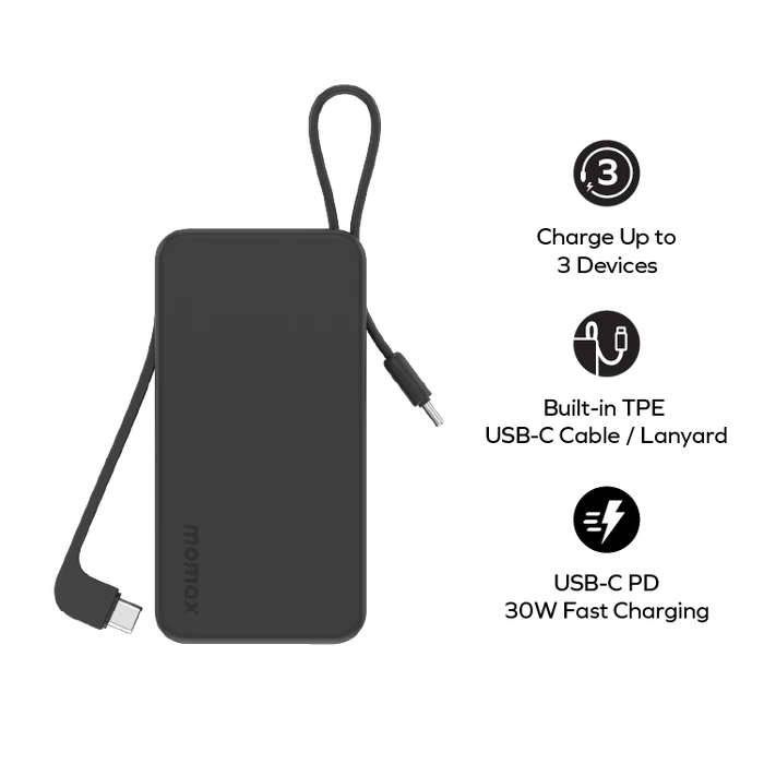 MOMAX 1-Power Vital+ Power Bank 10000mAh With 2 Built-In USB-C Cables