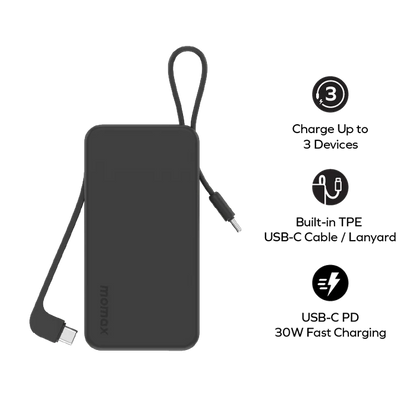 MOMAX 1-Power Vital+ Power Bank 10000mAh With 2 Built-In USB-C Cables